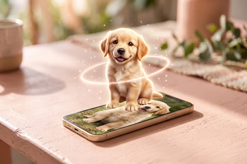 AI concept illustration: a golden retriever puppy rising out of a phone photo as a glowing full-color 3D model